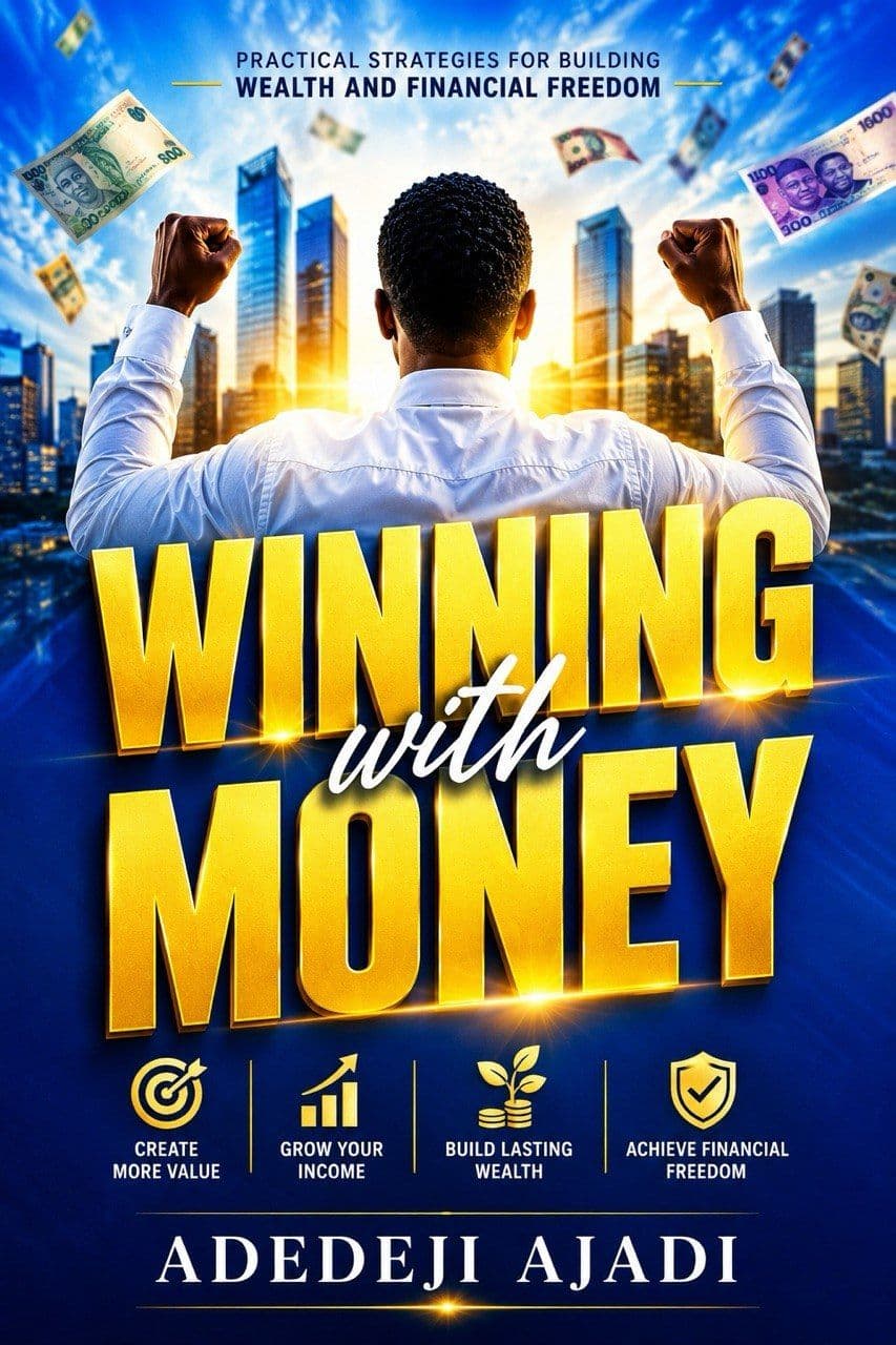 Book cover for "Winning with Money" by Dr. Adedeji Ajadi, highlighting a practical guide to financial freedom and smart money management.